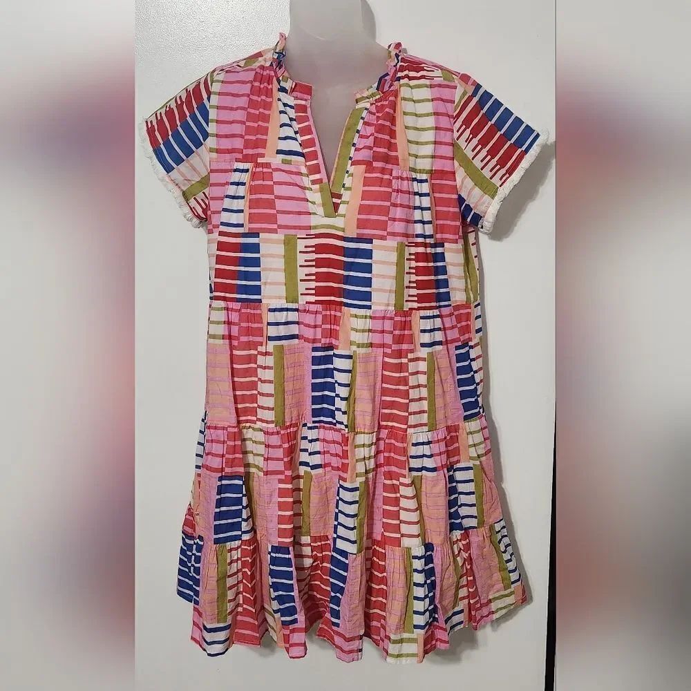 THML tiered pattern dress w slv fringe size S